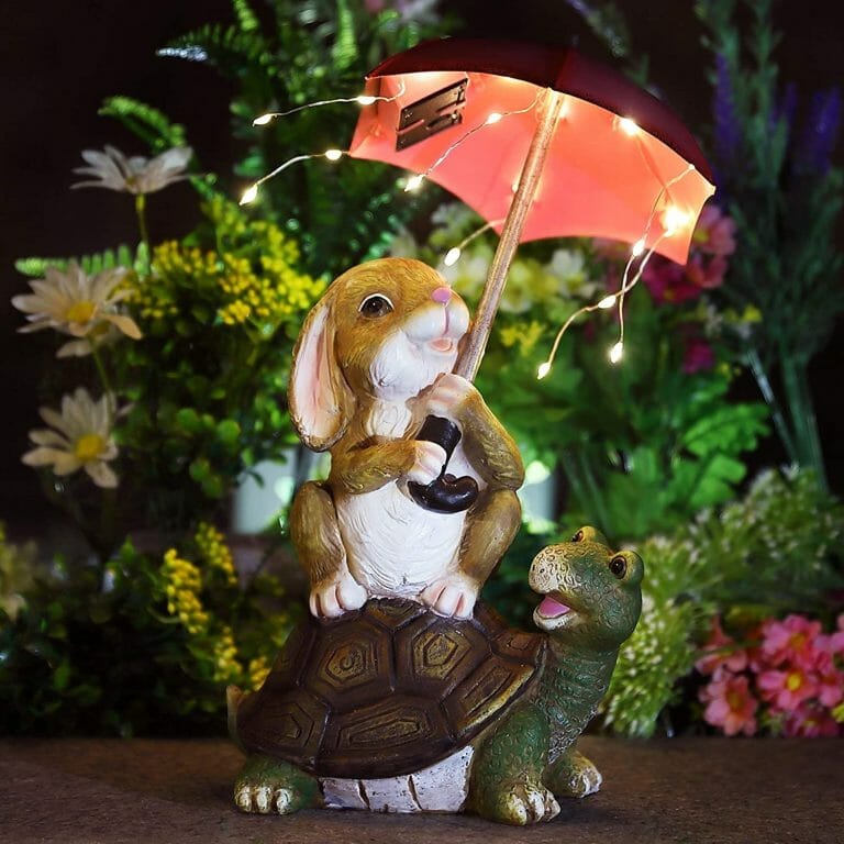 8 Best Lawn Ornaments 2024   GIGALUMI Solar Garden Statue Outdoor Decor Rabbit Siting On Turtle Holding An Umbrella With String Lights Easter Bunny Statue For Patio Lawn Yard Art Decoration Housewarming Garden Gift 768x768 